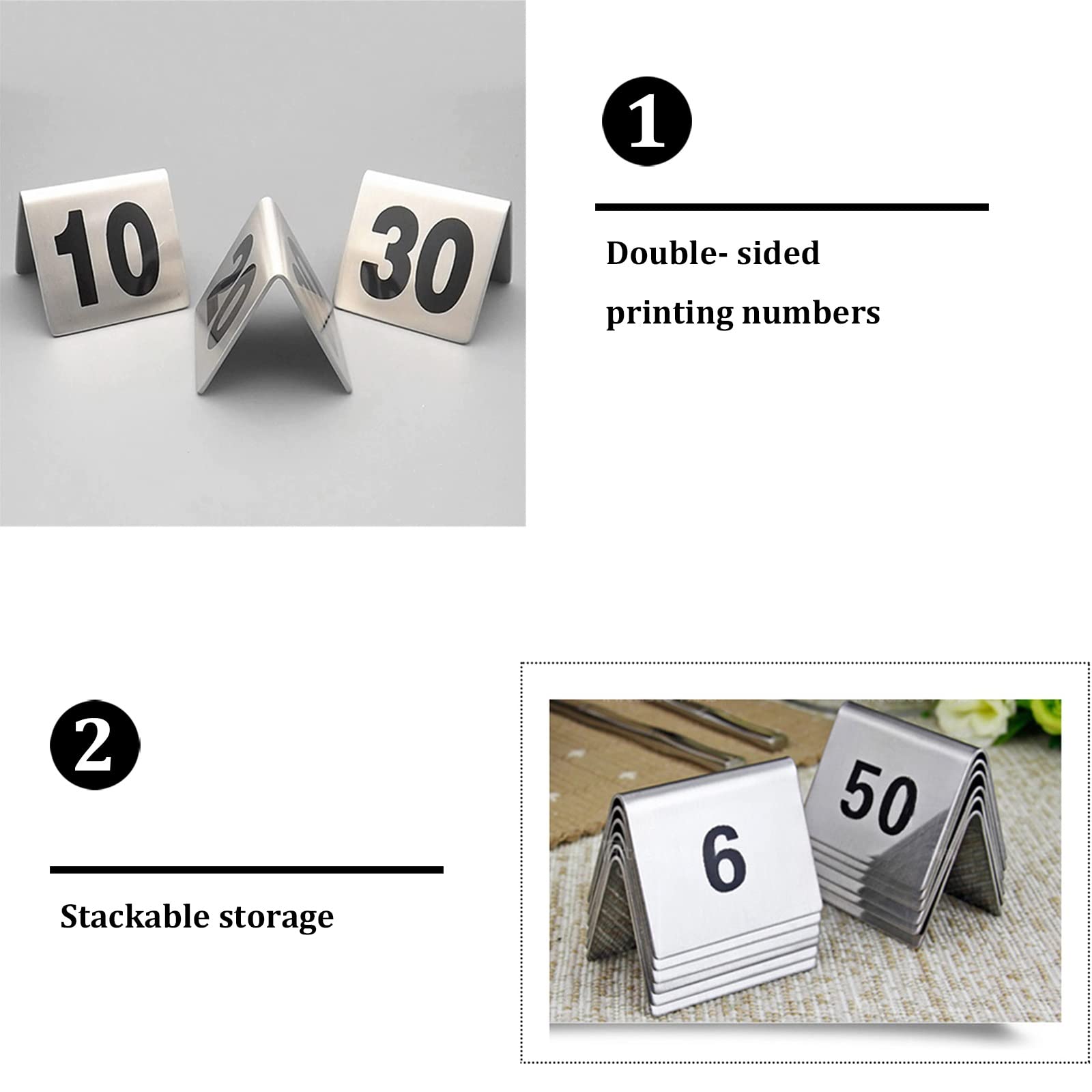 Numery stołowe, elegancki znak z numerami na stół, stal nierdzewna, metal, 1 do 50/100, restauracja, kawiarnia, bar, numer kurtyny, pudełko do układania w stos, nr 1-50