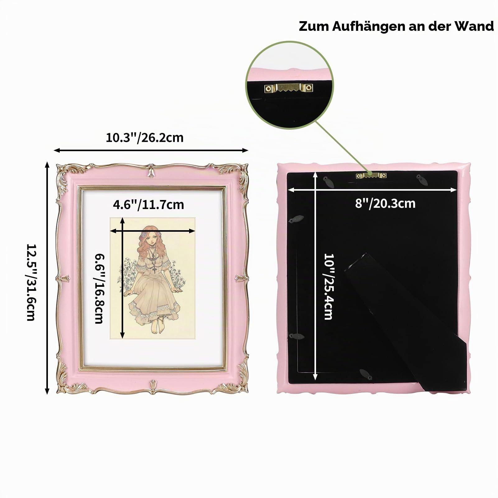 PHAREGE Vintage-Bilderrahmen, dekorativer antiker Zierrahmen mit Passepartout für 13 x 18 cm Foto, eleganter Rahmen für Tisch oder Wand, Hoch- oder Querformat, 20 x 25 cm, Rosa-Gold