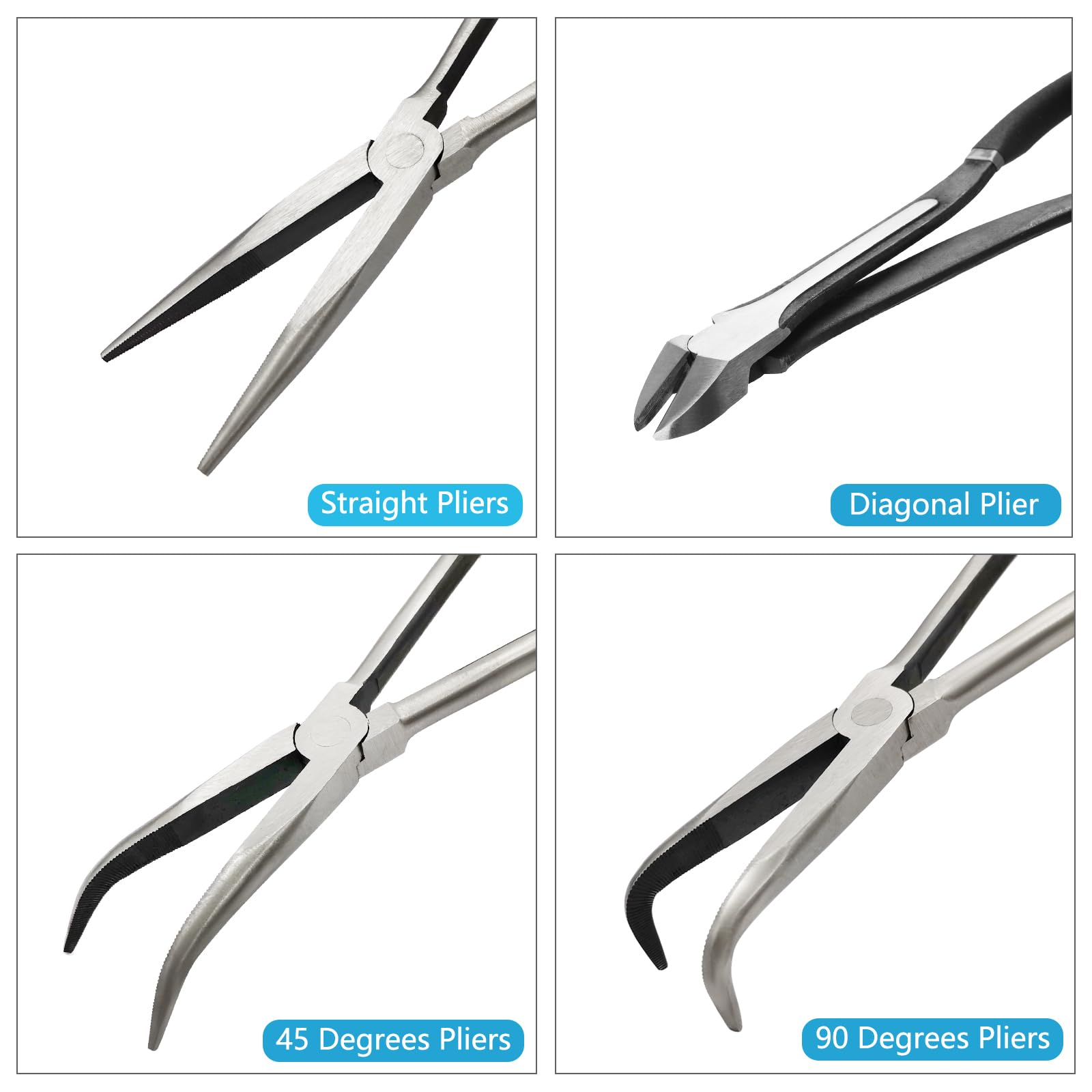 4-Piece 11" Extra Long Needle Nose Pliers Set with Insulated Comfort Grip, Straight Long Reach, 45/90°Bent Nose & Diagonal Pliers for Bending, Shaping & Trimming in Narrow Spaces