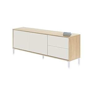 duehome | Modulo de TV 2 Puertas y 2 Cajones, Mueble TV, Modelo Lea, Acabado en Roble Canadian y Blanco Artik, Medidas: 130 cm (Ancho) x 47 cm (Alto) x 41 cm (Fondo)