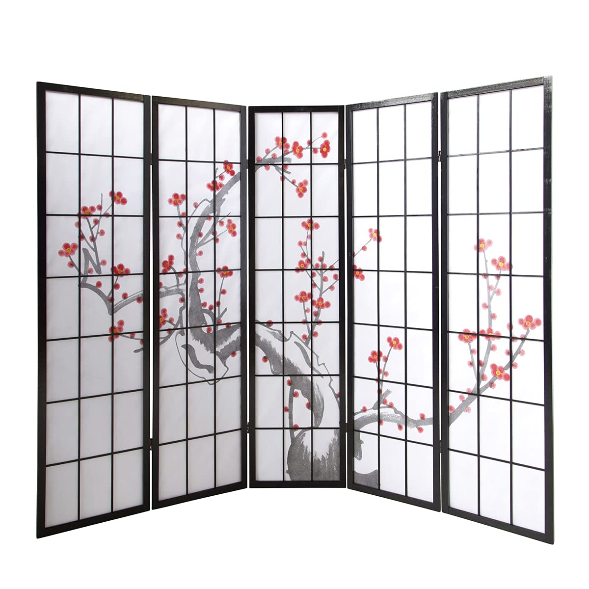 PEGANE Paravent Japonais Fleur de Cerisier en Bois Noir de 5 pans, L220 x H175 x P2 cm