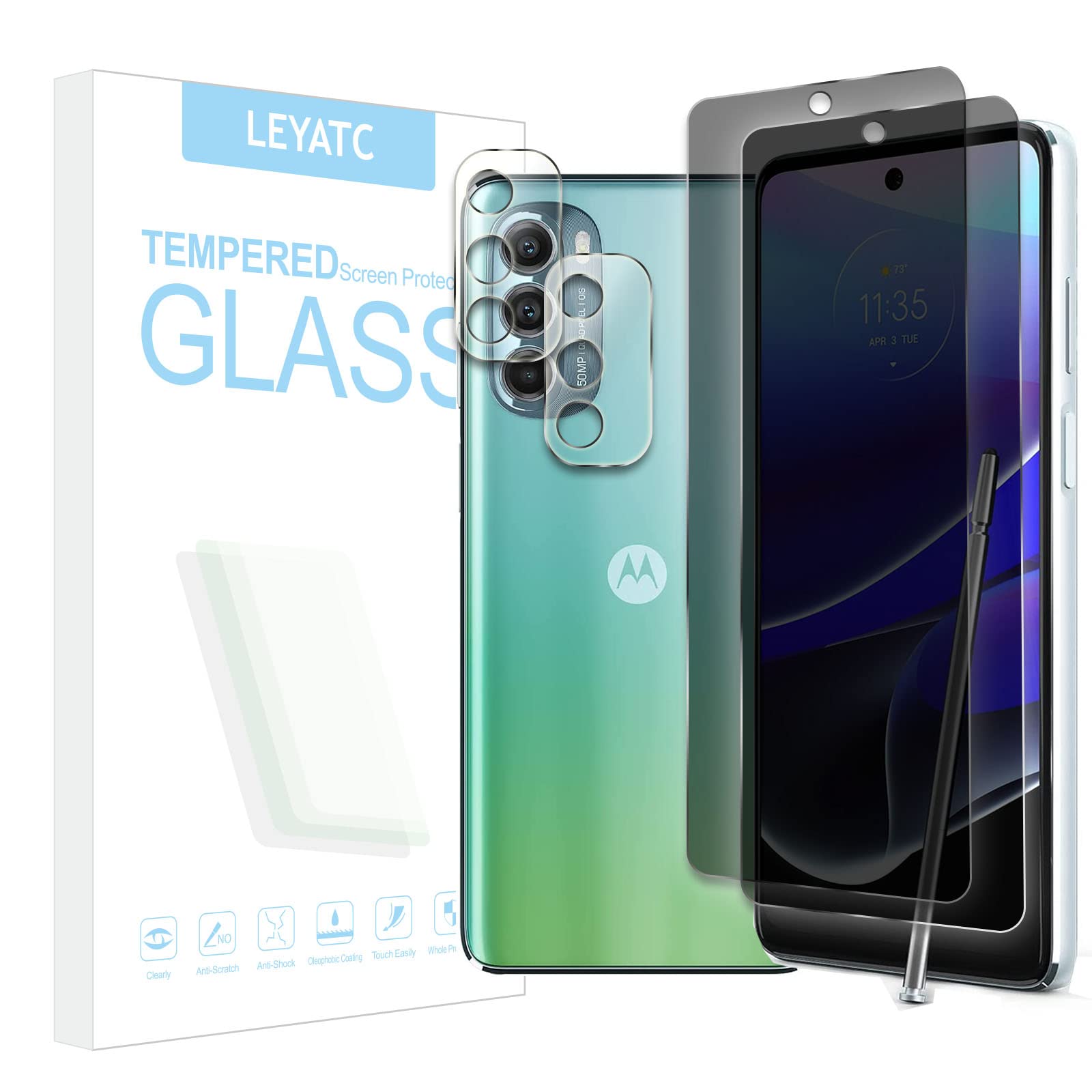[2+2 Pack] 2Pack Privacy Screen Protector for Motorola Moto G Stylus 5G 2022 +2Pack Camera Lens Protector, Privacy Tempered Glass Film [9H Hardness][Bubble-Free] [Shatter Proof] [Anti-fingerprint] [Easy Installation] Screen Protector Glass Compatible with Motorola Moto G Stylus 5G 2022