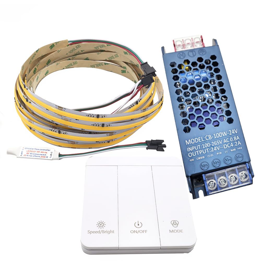 Vrabocry COB Running Water Flowing Chasing 5M LED Strip Lights WS2811 24V Horse Race Sequential LED Ribbon with 3Key RF Controler+24V 100W Power (Warm White 3000K)