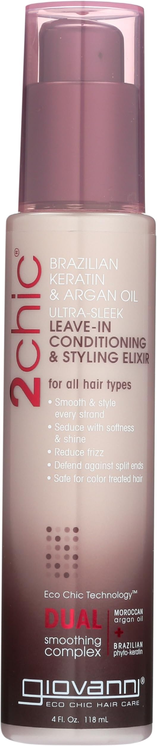 GIOVANNI 2chic Ultra-Sleek Leave-In Conditioning & Styling Elixir - Phyto-Keratin & Argan Oil, Anti-Frizz Formula, Coconut, Shea Butter, Pro-Vitamin B5, Color Safe, Paraben Free - 4 oz