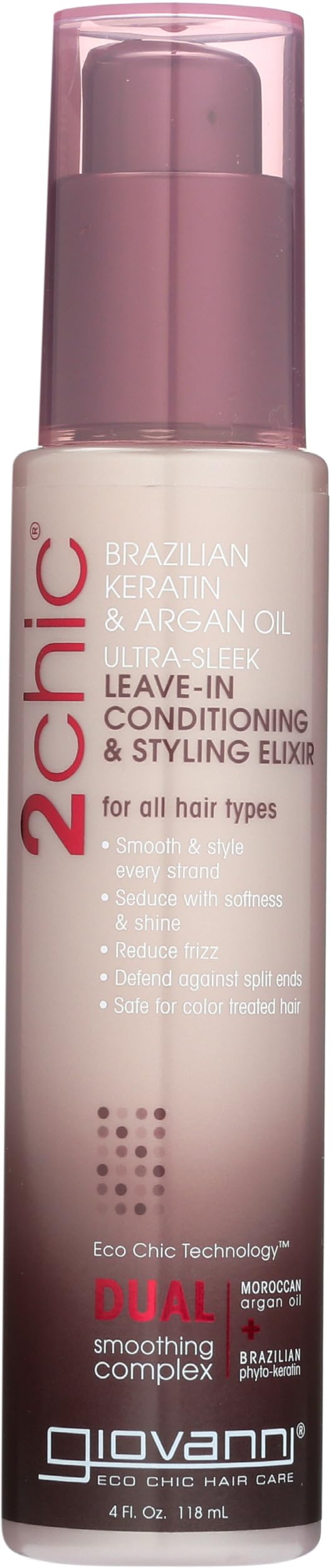 GIOVANNI 2chic Ultra-Sleek Leave-In Conditioning & Styling Elixir - Phyto-Keratin & Argan Oil, Anti-Frizz Formula, Coconut, Shea Butter, Pro-Vitamin B5, Color Safe, Paraben Free - 4 oz