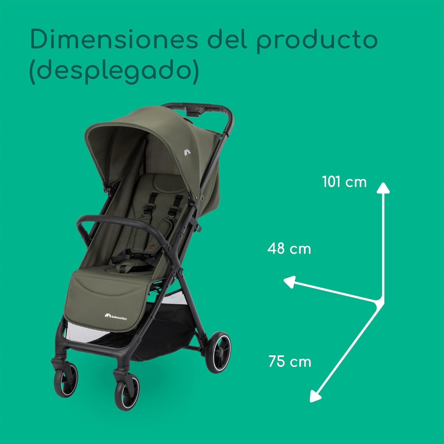 Bebeconfort Azur, Cochecito Compacto para Bebés, 0-3 Años (15 kg), Silla de Paseo Bebé Ligera, Plegado Automático con Una Mano, Posición de Reclinación Total, Cesta Amplia, Mineral Green