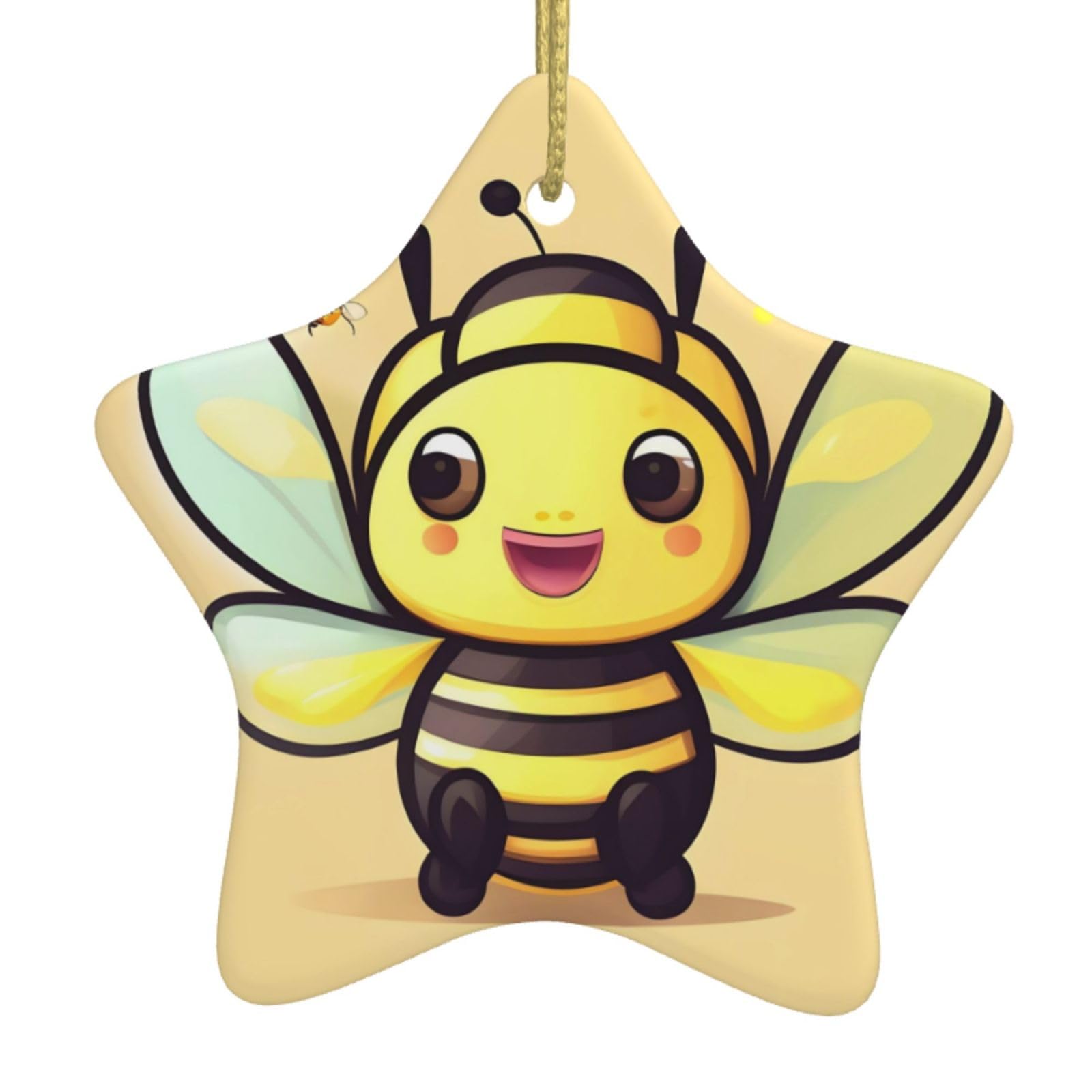 Yellow bee Christmas Ceramic Star Pendant with Punched Holes and Gold Wire Rope, Christmas Tree Home Decoration