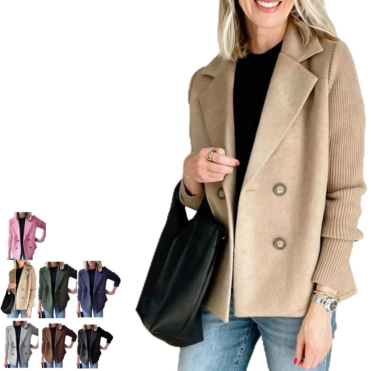 Jasier - Casual Blazer Sweater Bomia Jasier Womens Lapel Button Knitted Patchwork Sleeve Casual Coat Cropped