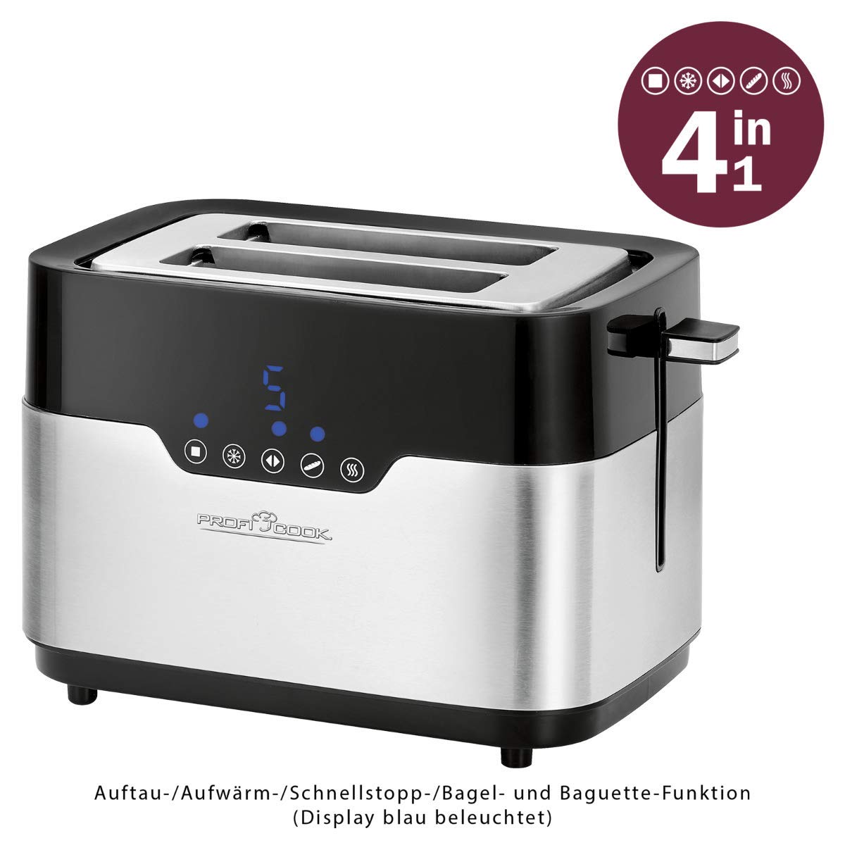 ProfiCook PC-TA 1170 Tostapane a 2 dischi, Sensor Touch, portapane, cassetto delle briciole, funzione di centraggio, spazio salvaspazio, 7 livelli di abbronzatura, acciaio inox nero