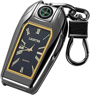 Butane Windproof Lighter, Windproof Clock Lighter, Blue Flame Butane Torch with Keychain, Refillable and Adjustable Blue Flame Best Gift for Husband, Dad, Boyfriend (Butane Free) (Color : Black)