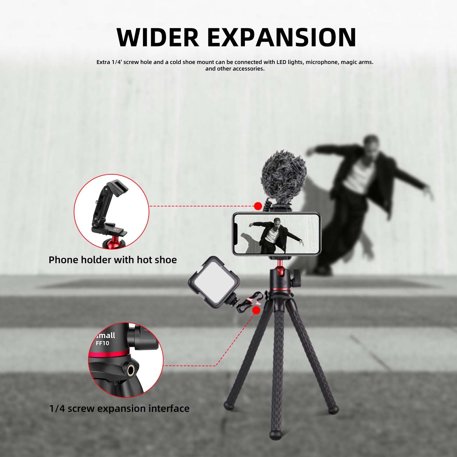 Trípode de cámara flexible para teléfono, soporte oculto para teléfono con soporte de zapata fría, tornillo de 1/4 pulgadas para brazo mágico, soporte de trípode para GoPro para iPhone,