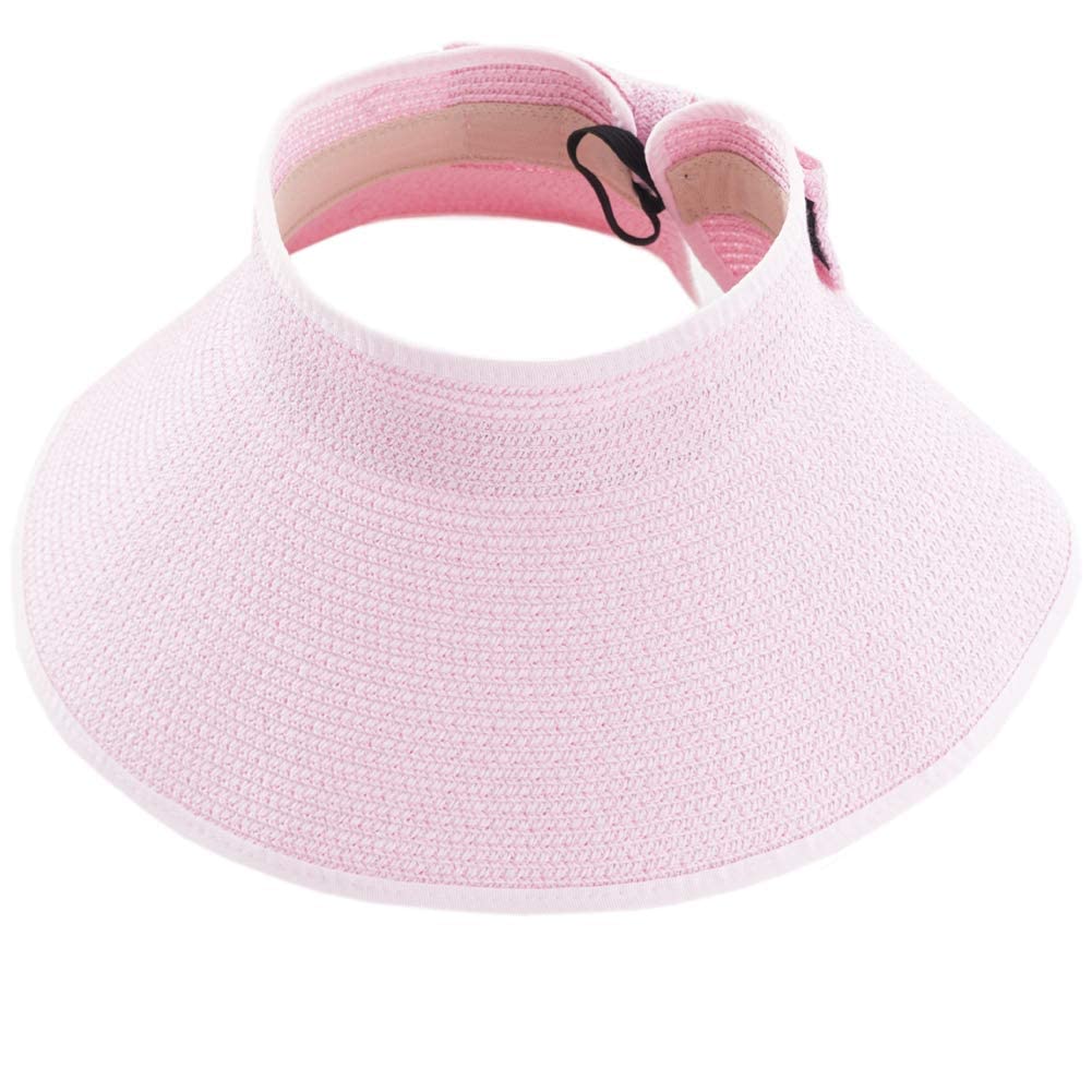 Ausuaya Women's Pink Foldable Sun Protection Straw Visor, Roll Up Wide Brim Packable Beach Hat With Ponytail Hole For Travel Gb- Sm01 (Pink)