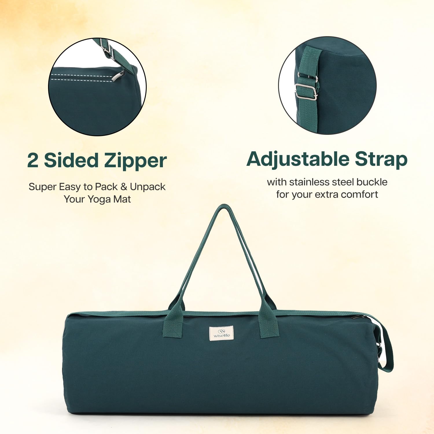 Wiselife Yoga Mat Bag for XL Mats β Green | Durable Cotton Canvas, Full Zip Closure, Adjustable Strap, Spacious Side Pocket | Yoga Mat Carry Bag for Men & Women 2