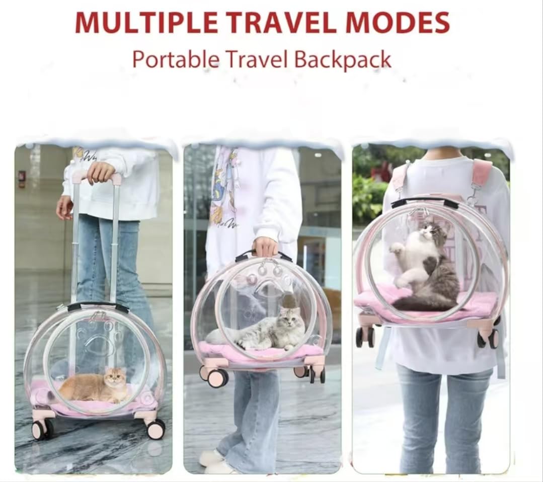 Transportín transparente y totalmente transpirable para gatos con ruedas giratorias para perros, gatos o conejos, más opciones de transporte, perfecto para viajar/hacer un paseo (rosa)