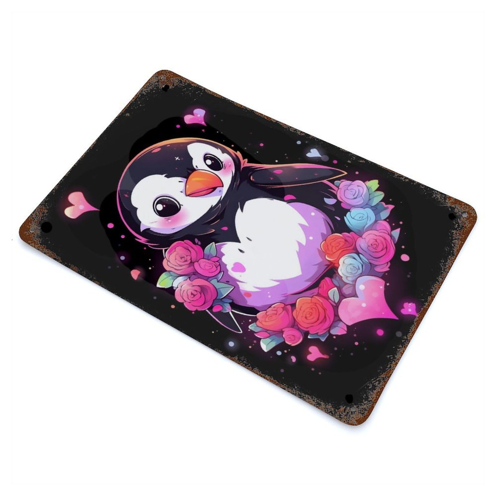 Penguin Hearts And Flowers Rustic Tin Plaque 11.8"x7.9", for Shed, Workshop And Garage Wall Decor, Rustic Home Decor