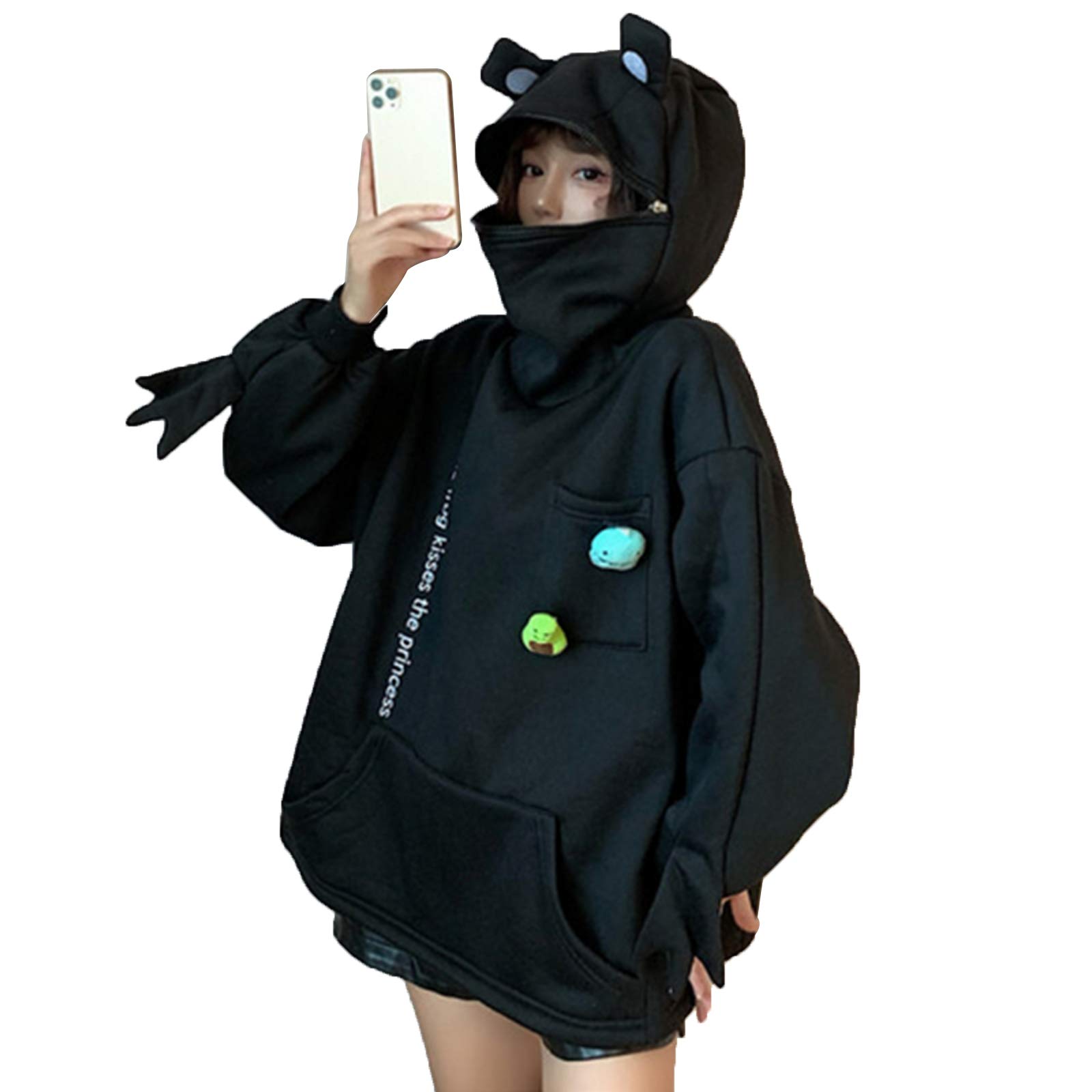 Huazhu Women's Black #01 Cute Frog Hoodie Novelty Oversized Loose Pullover Zip Up Hooded Top Sweatshirt With Pocket (, S)