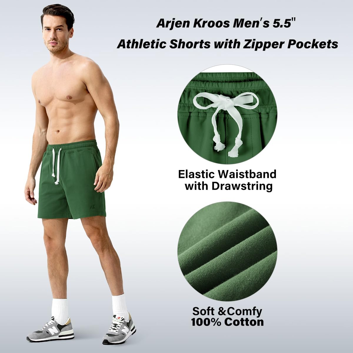 Arjen Kroos Men Sweat Cotton Shorts with Zipper Pockets 5 Inch Athletic Gym Stretch Workout Short - Image 3