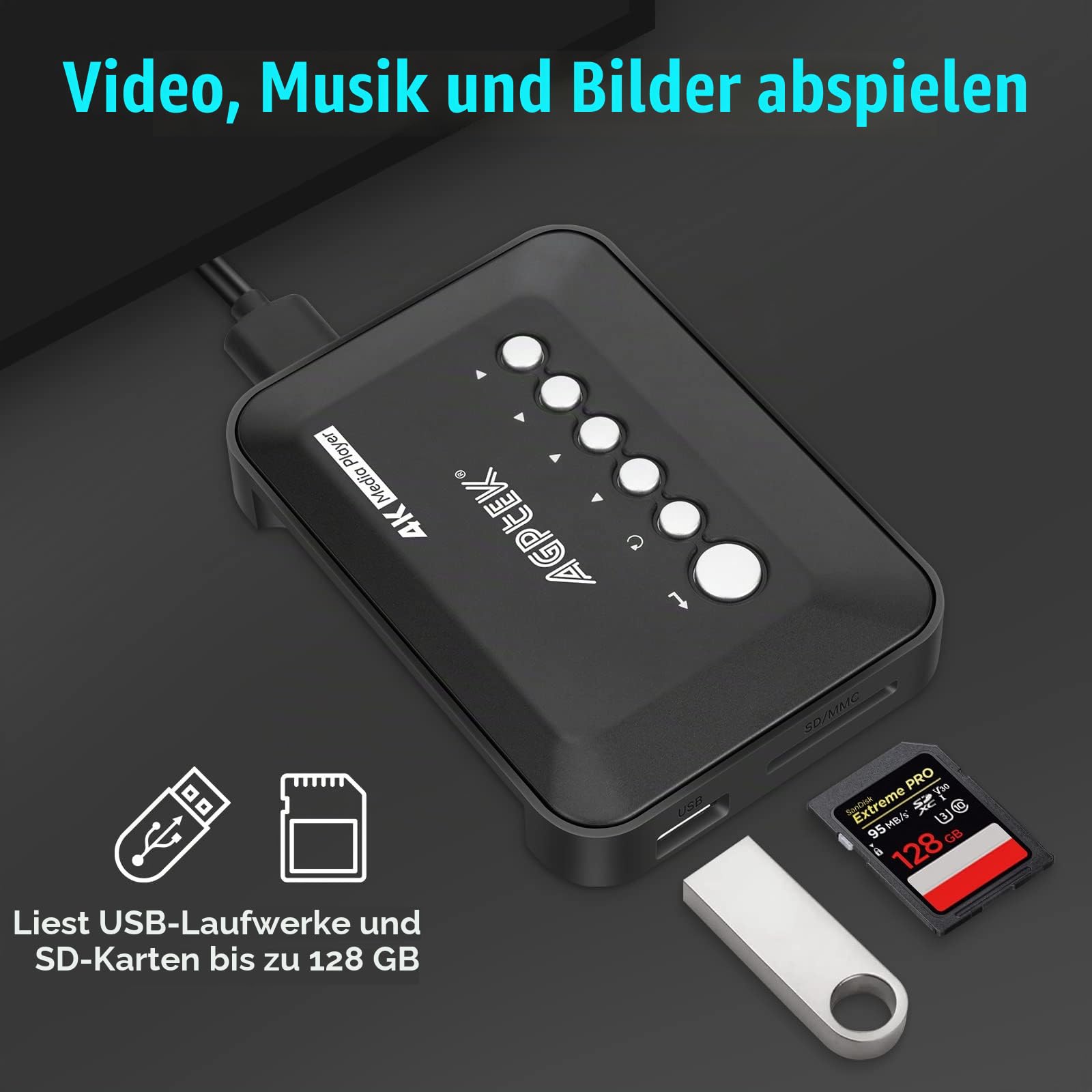 4 K @ 30 Hz Multimedia-Player TV HDMI mit HDMI/AV-Ausgang, HD Media Player für 14 TB HDD/512 G USB-Stick/SD/H.265 MP4, mit Fernbedienung für MP3 AVI RMVB MPEG etc.