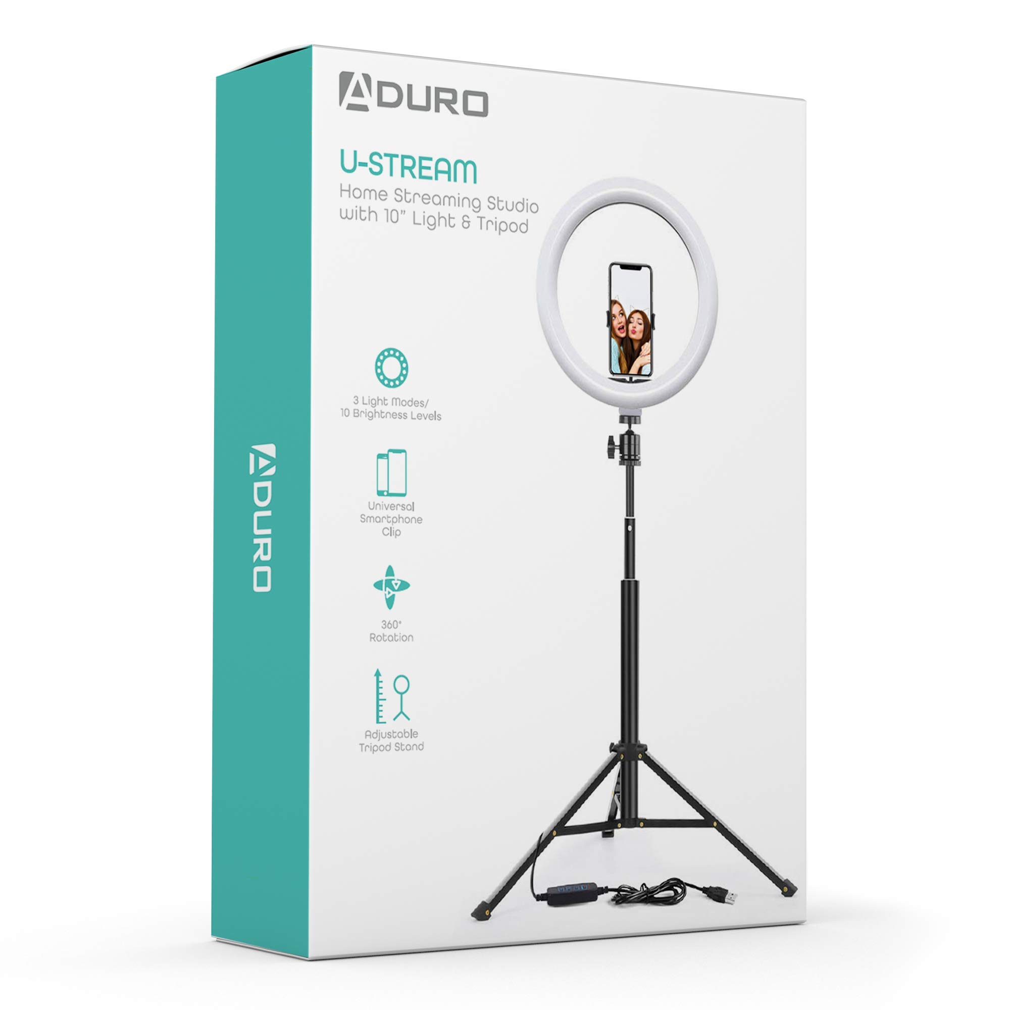 Aduro U-Stream - Anello per selfie, 25,4 cm, con supporto treppiedi e supporto per cellulare, per influenzatore di social media, supporto per telefono e kit luce