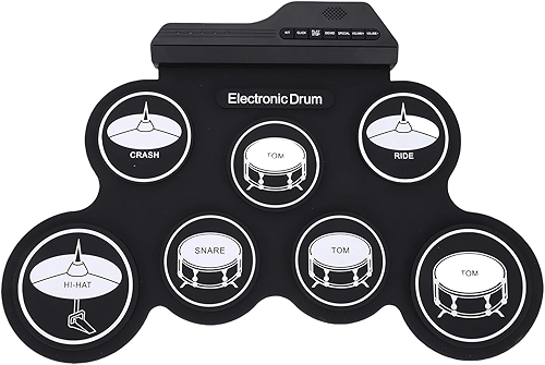 Conjunto de Bateria Eletrônica Portátil, Kit de Silicone Roll Up Com 7 Almofadas 5 Tons 8 Músicas de Demonstração Entrada MP3, Alto-falante Integrado e Baquetas para Crianças