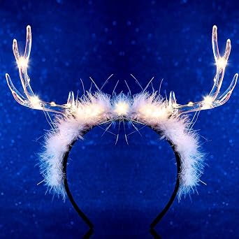 Light up Christmas Antler Headbands Woodland White Reindeer Hairband Xmas Feather Deer Horns Headpiece for Women