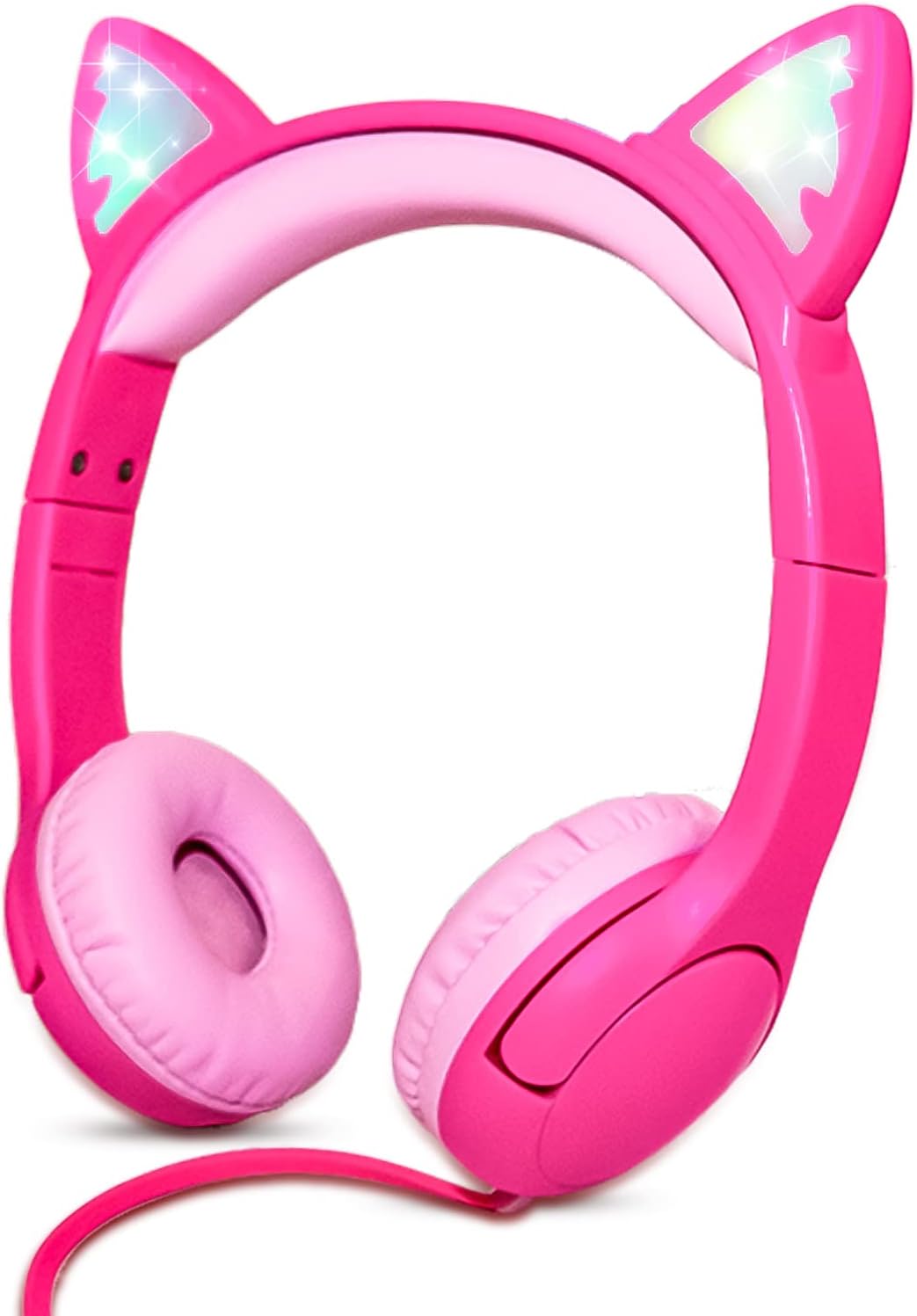Olyre Auriculares para Niños con Micrófono - Volumen Seguro de 85dB e Iluminación LED - Auriculares con Cable on Interfaz para Compartir, Auriculares Estéreo sin Enredos para Escuela/Mesa/Viaje - Rosa