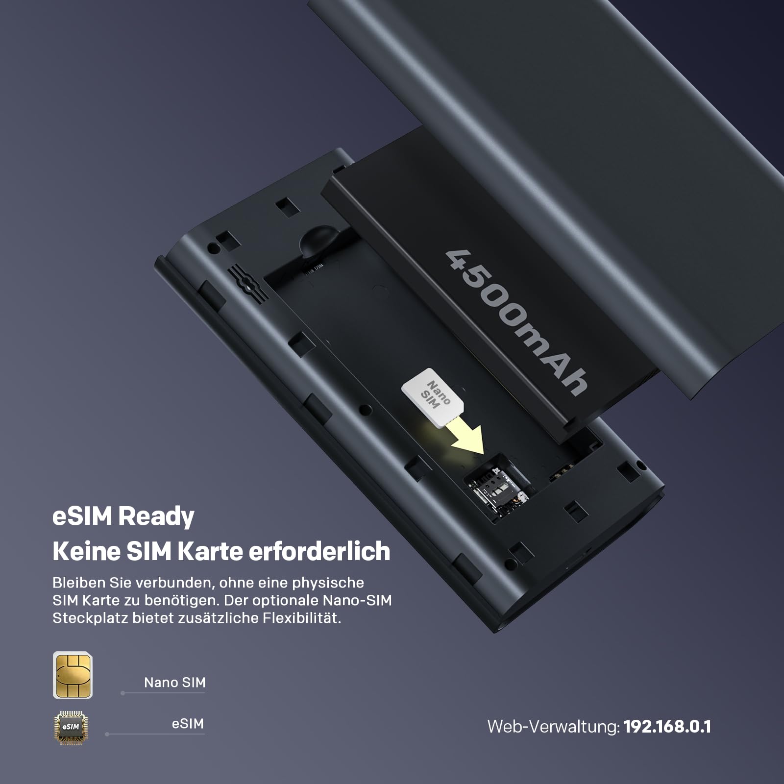 STRONG 5G+ HOPI Mobiler WLAN Router mit 5 GB Daten, Tragbarer Dual Band WLAN 6 AX1800 Router mit eSIM, bis zu 3,4 Gbit/s Downloadspeed, 4500 mAh Akku, USB C Port, Powerbank Funktion, Schwarz