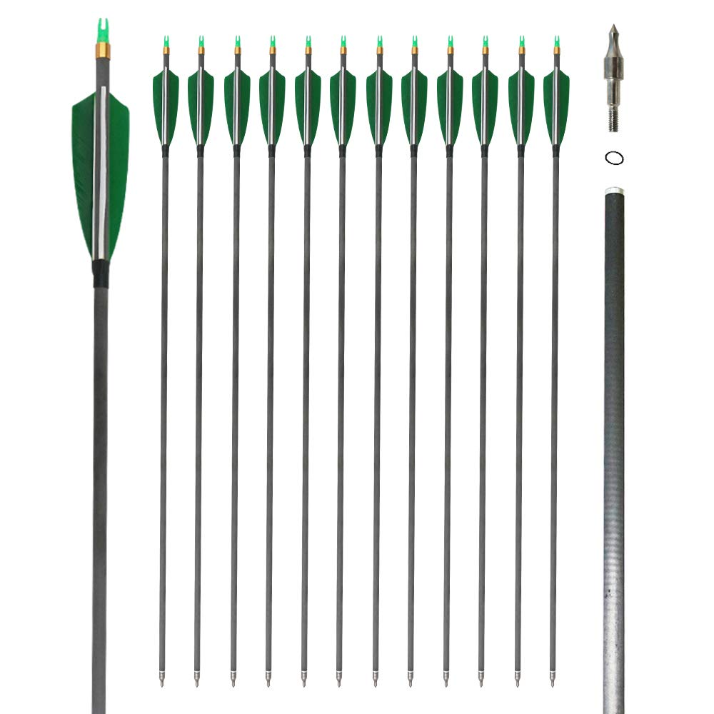 12Pack 30-inch Carbon Arrow with 4" Turkey Feathers, Hunting/Targeting Arrow for Compound Recurve Longbow