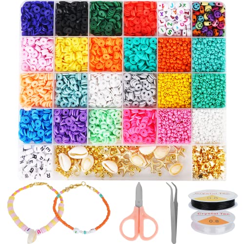 SUNTATOP Ensemble de Perles Plates en Argile pour la Création de Bracelet, 6546 PCs 28 Couleurs et Multiples Accessoires, Kit de Bricolage avec Perles de Lettres