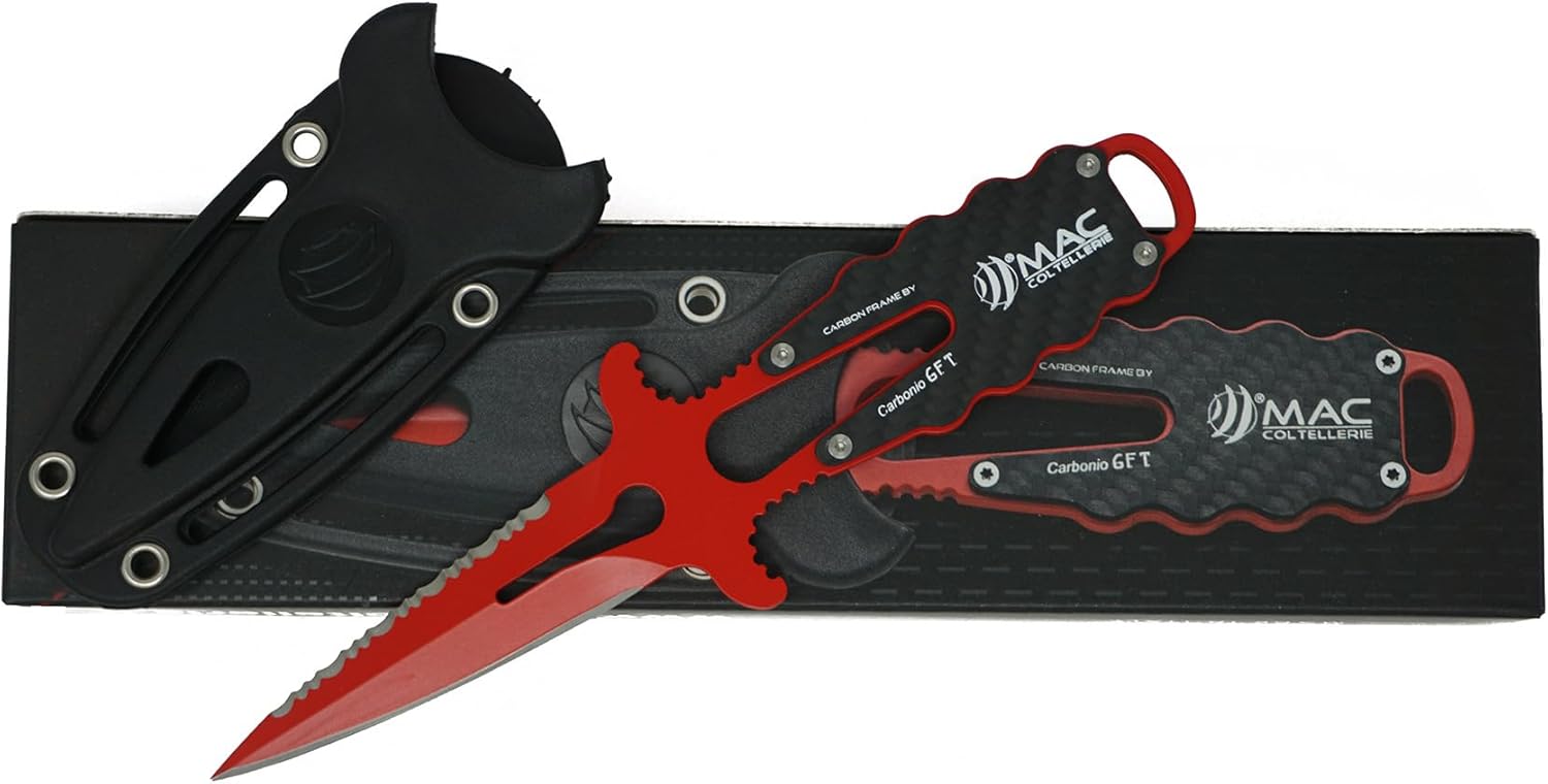 Walker by Mac Coltellerie APNEA 9 Scuba Diving Knife Stainless Steel Made In Italy w/PTFE Rosso Coating & Carbon Handle
