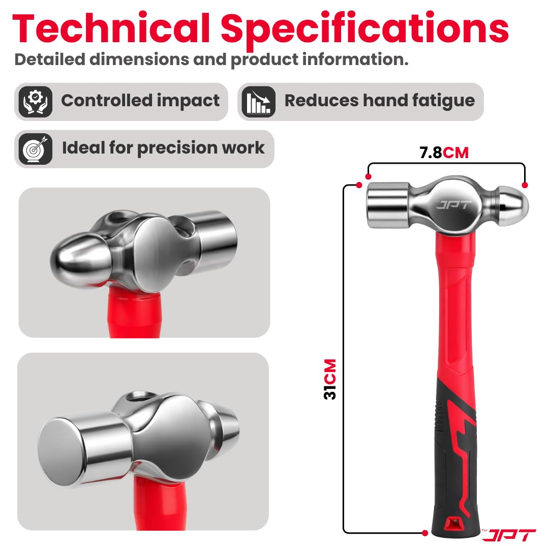JPT 0.5 lb Ball Peen Hammer (Ball Pein) | Forged Steel Head with Fiberglass Handle | Precision Metal Work & Mechanic Tool 3