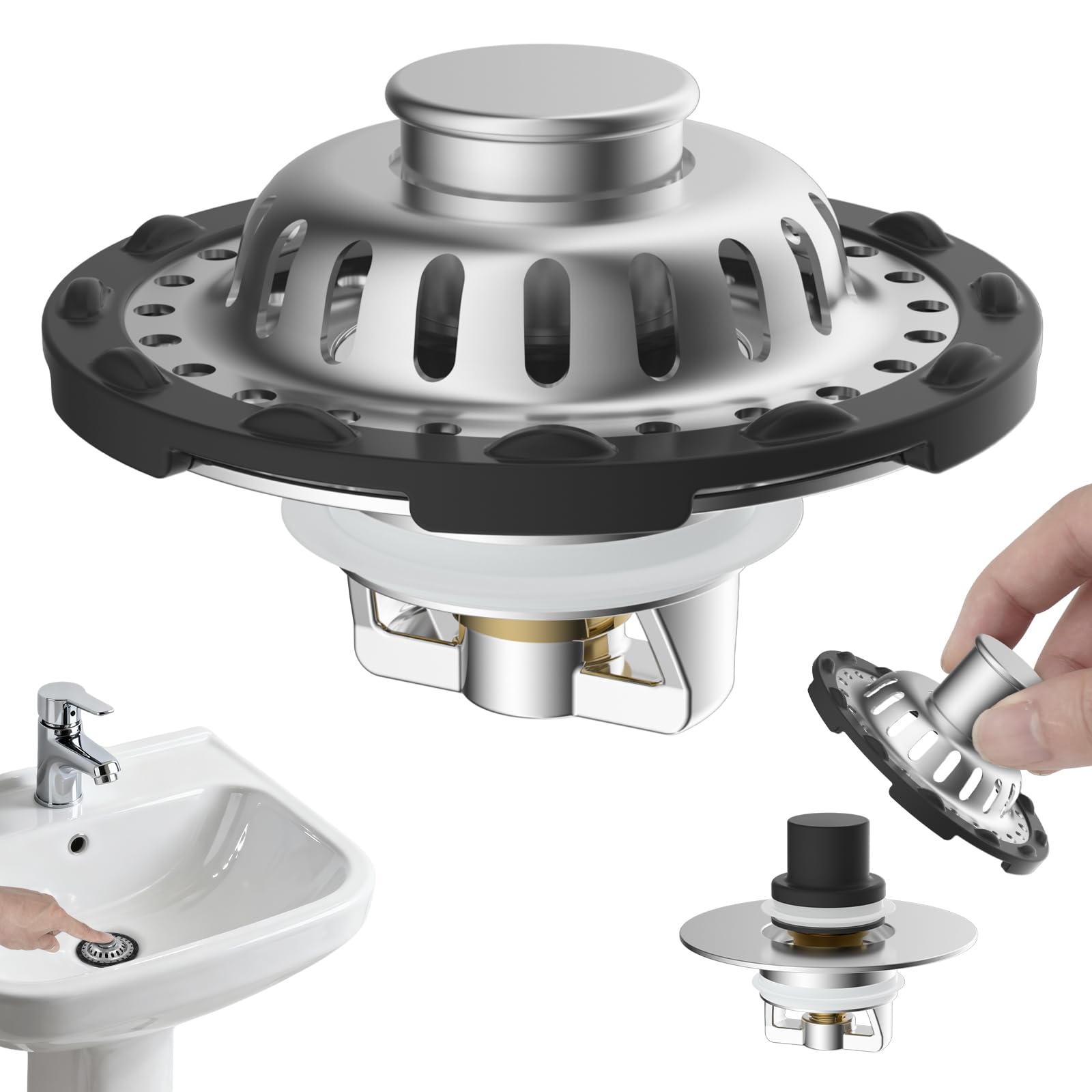 Hibbent Upgraded 3 in 1 Bathroom Sink Plug, Stainless Steel, Chrome