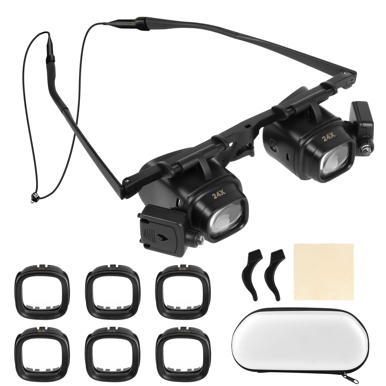 Ainiv Magnifying Glasses with LED Lights, Hands Free Head Magnifier with 2 LED Lights, Adjustable Lens and Light Angle, Magnifier with 4 Interchangeable Lenses-2X 6X 10X 24X for Jeweler Watch Repair