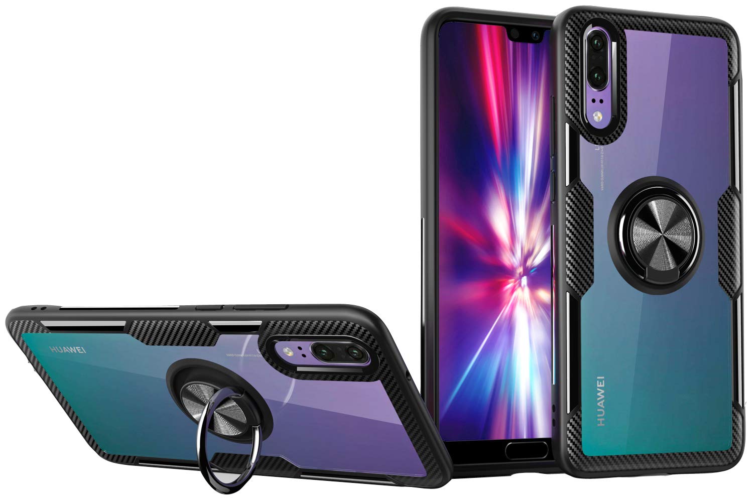 SORAKA Clear Case for Huawei P20 with 360 degree rotation Ring Holder Slim Fit Case Transparent acrylic Cover Silicone Bumper,with Metal Plate for Magnetic Car Phone Holder