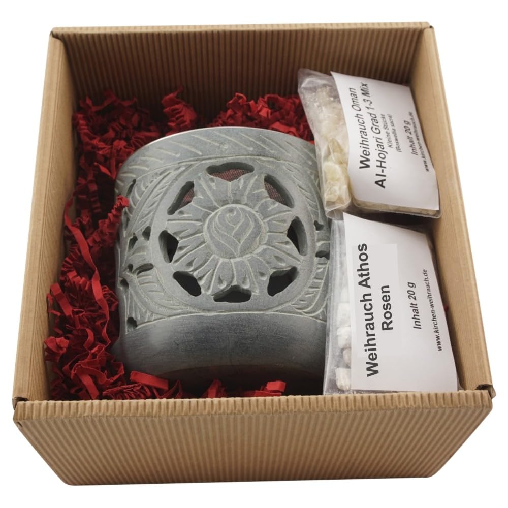 Geschenkset „Shiva“ – Räucherstövchen Speckstein mit Edelstahlsieb, Metallscheibe & Premium-Weihrauch Al-Hojari Mix & Athos Rosen – Hochwertige Geschenkbox