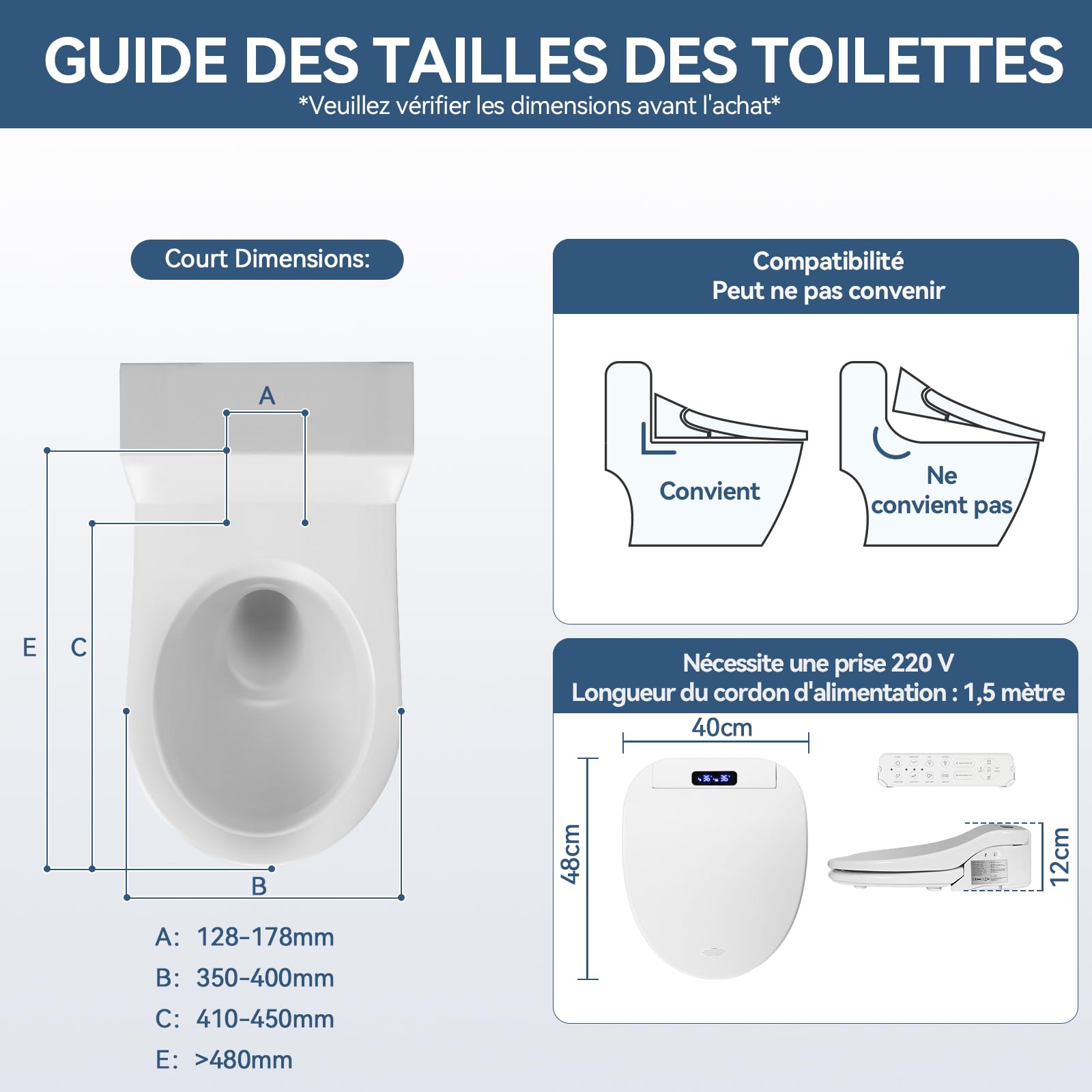 YOURLITE Siège de Toilette Intelligent,Abattant WC Japonais électrique,Siège Toilette Japonaise,Bidet Chauffant avec Buse,Frein de Chute,Séchage,Veilleuse,Télécommande,Forme V,Blanc