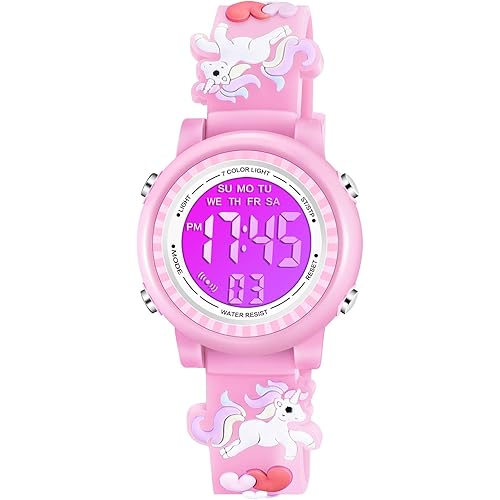 Venhoo Kids Watches 3D Cartoon Waterproof 7 Color Lights Toddler Wrist Digital Watch with Alarm Stopwatch for 3-10 Year Girls Little Child