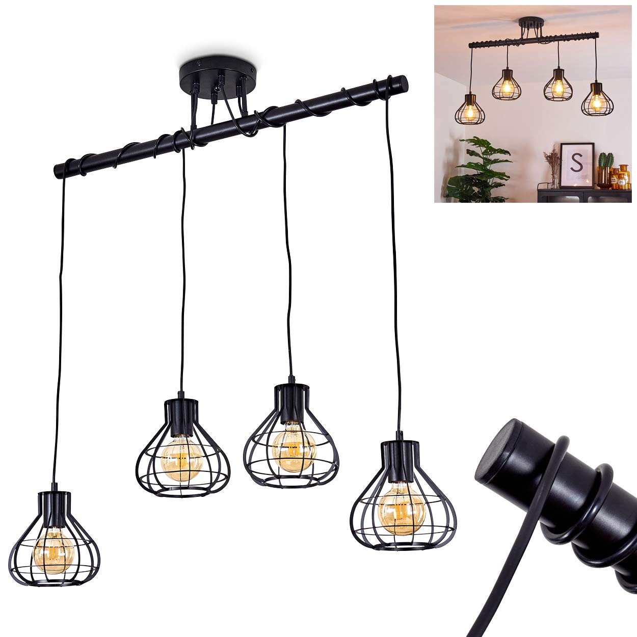 Lampada a sospensione Gainesville,lampada da camera retrò regolabile,lampada in metallo di colore nero,teste della lampada regolabili individualmente,4 x E27, altezza massima 166 cm, senza lampadina/e