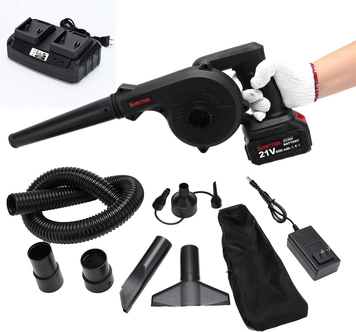 Car Blower and 2 Port Rapid Charger Base,Mini Blower and 2 Port Battery Base for Inflating,Blowing,Car Drying,Clearing Dust by SHINTYOOL