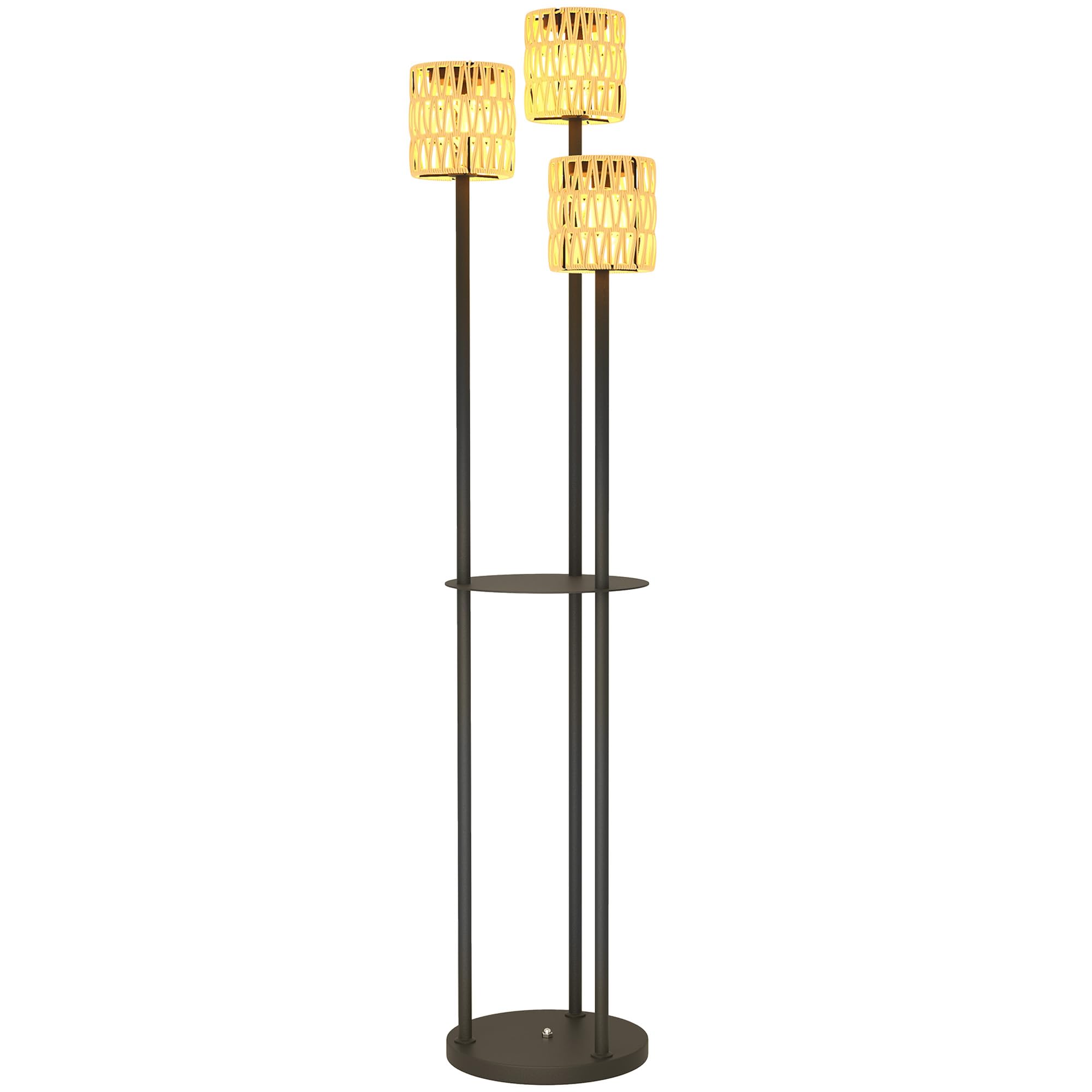 Outsunny Yellow Boho Rattan Floor Lamp, 3-Lights Rattan Lamp With Shelf, Freestanding Solar Garden Light With Auto On/Off Lights, Ip44 Waterproof For Porch, Pathway, Terrace,