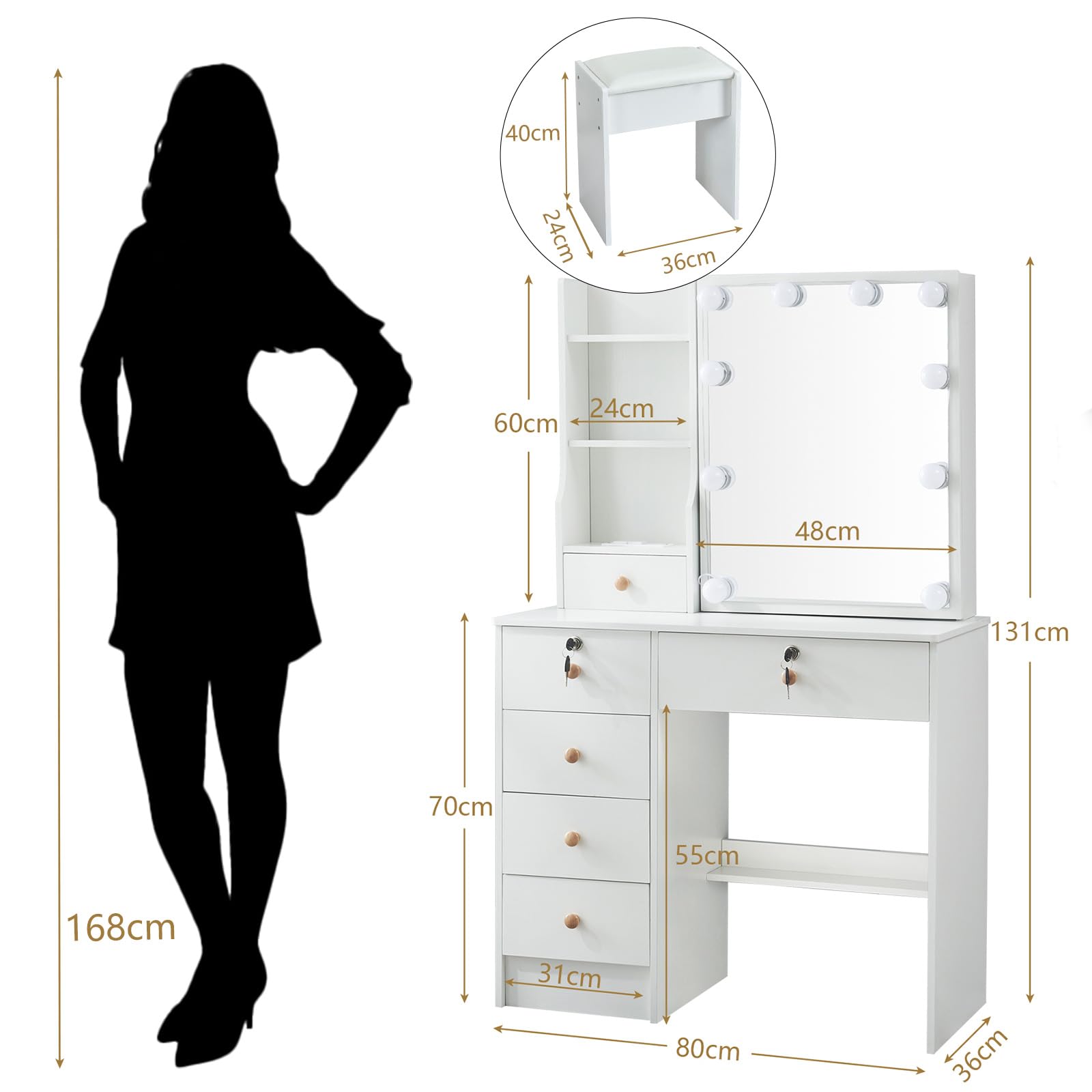 LIANWANG Coiffeuse avec Miroir et LED à Luminosité Réglable, 3