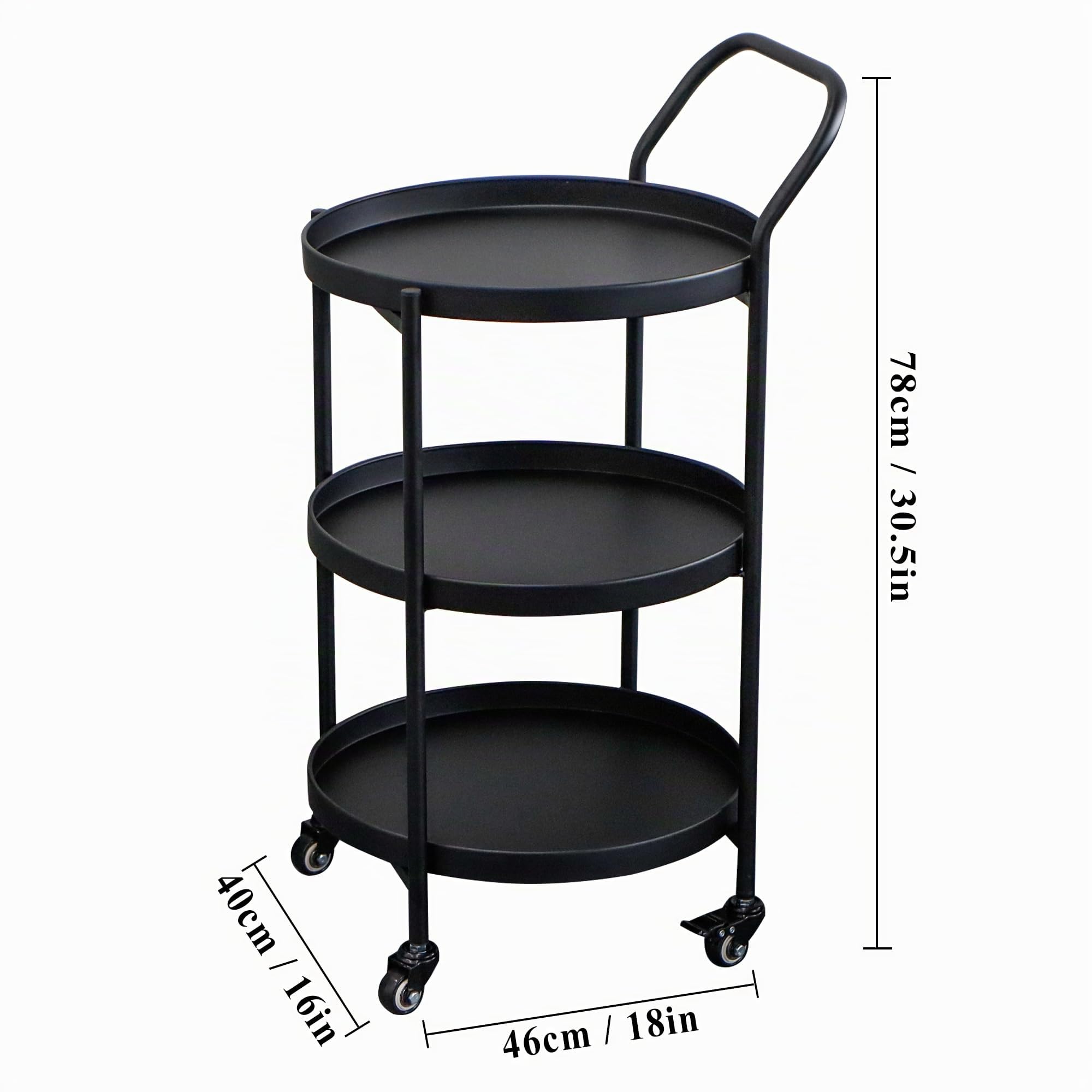 TRIROCKS Elegante Carro Bar Redondo de 78 cm de Alto, 3 Niveles Metálico con Ruedas, Carrito de Servicio para Cocina y Entretenimiento (Negro)