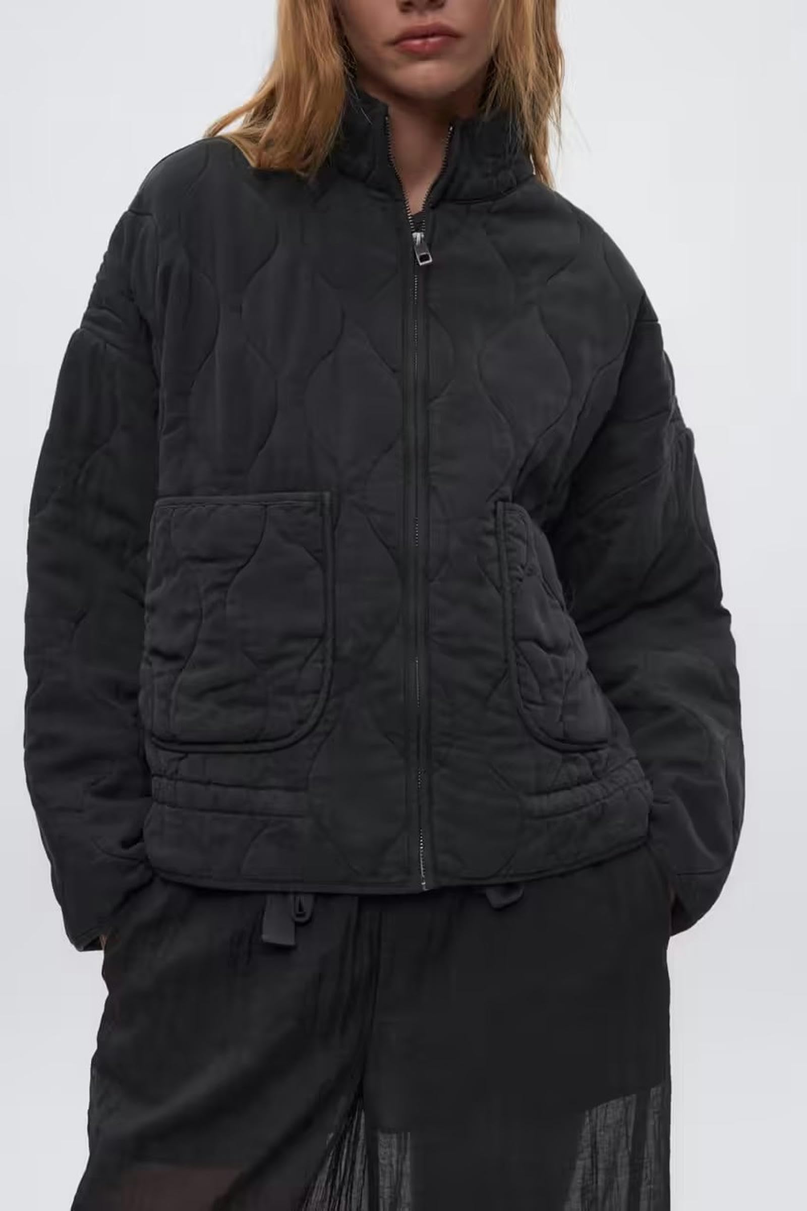 AYAZER Veste en coton à col montant et poches amples pour femmes, nouvelle collection automne et hiver, décontracté, col montant, losange