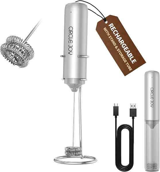 CIRCLE JOY Rechargeable Milk Frother Handheld with Stand,Dual Spring Whisk Electric Coffee Frother Wand, Portable Hand Frother Drink Mixer for Matcha Lattes Cappuccino, Coffee Lover Gift, Silver