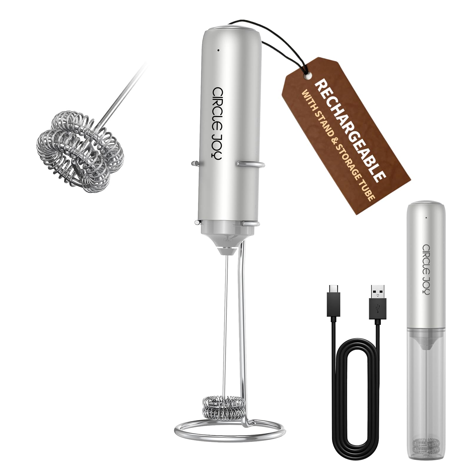 CIRCLE JOY Electric Rechargeable Milk Frother Handheld with Cover & Stand