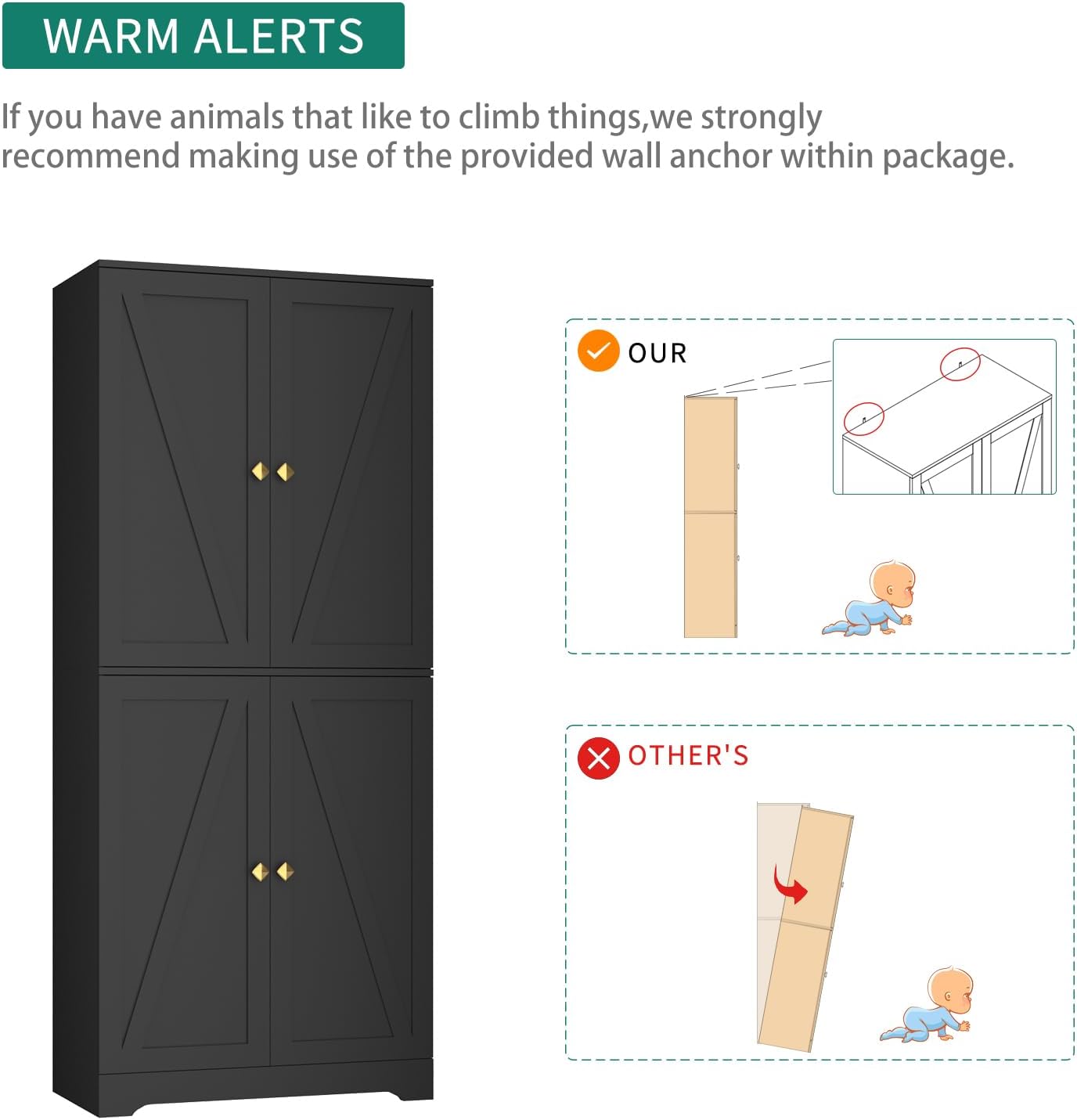 Kitchen Pantry Cabinet Set of 3, 72” Tall Farmhouse Storage Cabinet with 4 Barn Doors and Adjustable Shelves, Pantry Cabinet Versatile Storage for Kitchen, Living Room, Black