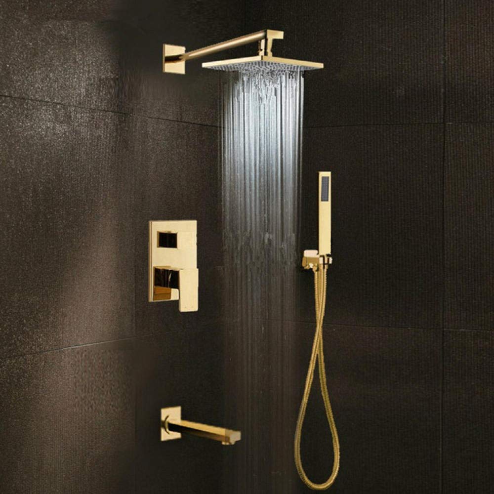 ASerZenith Luxury Solid Brass Gold Finish Bathroom 3 Ways Rainfall Shower Faucet 8" Rainfall Shower Head Tub Spout Mixer Tap
