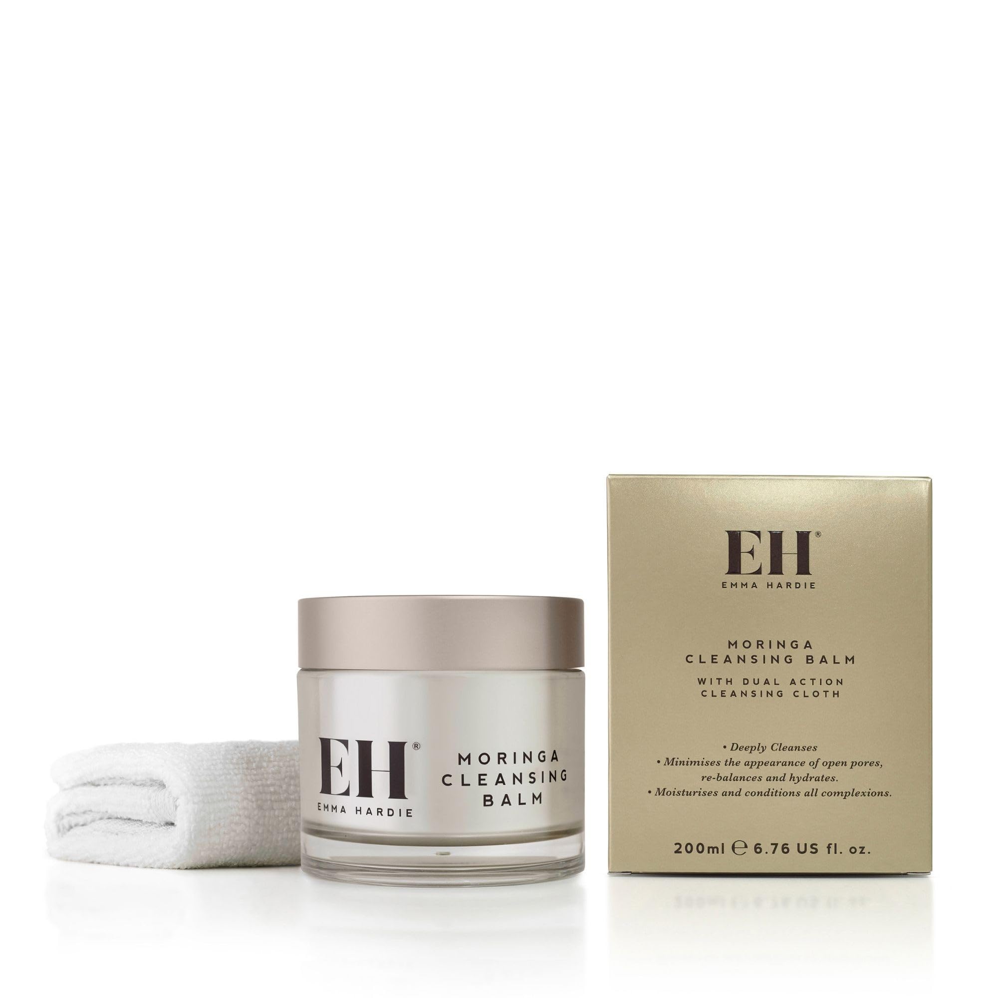 Emma Hardie Moringa Cleansing Balm 200ml with Cleansing Cloth, Award-Winning Balm, Dissolves Makeup, SPF & Daily Build-Up, Moringa Seed Extract, Vitamins C & E, Suitable for All Skin Types