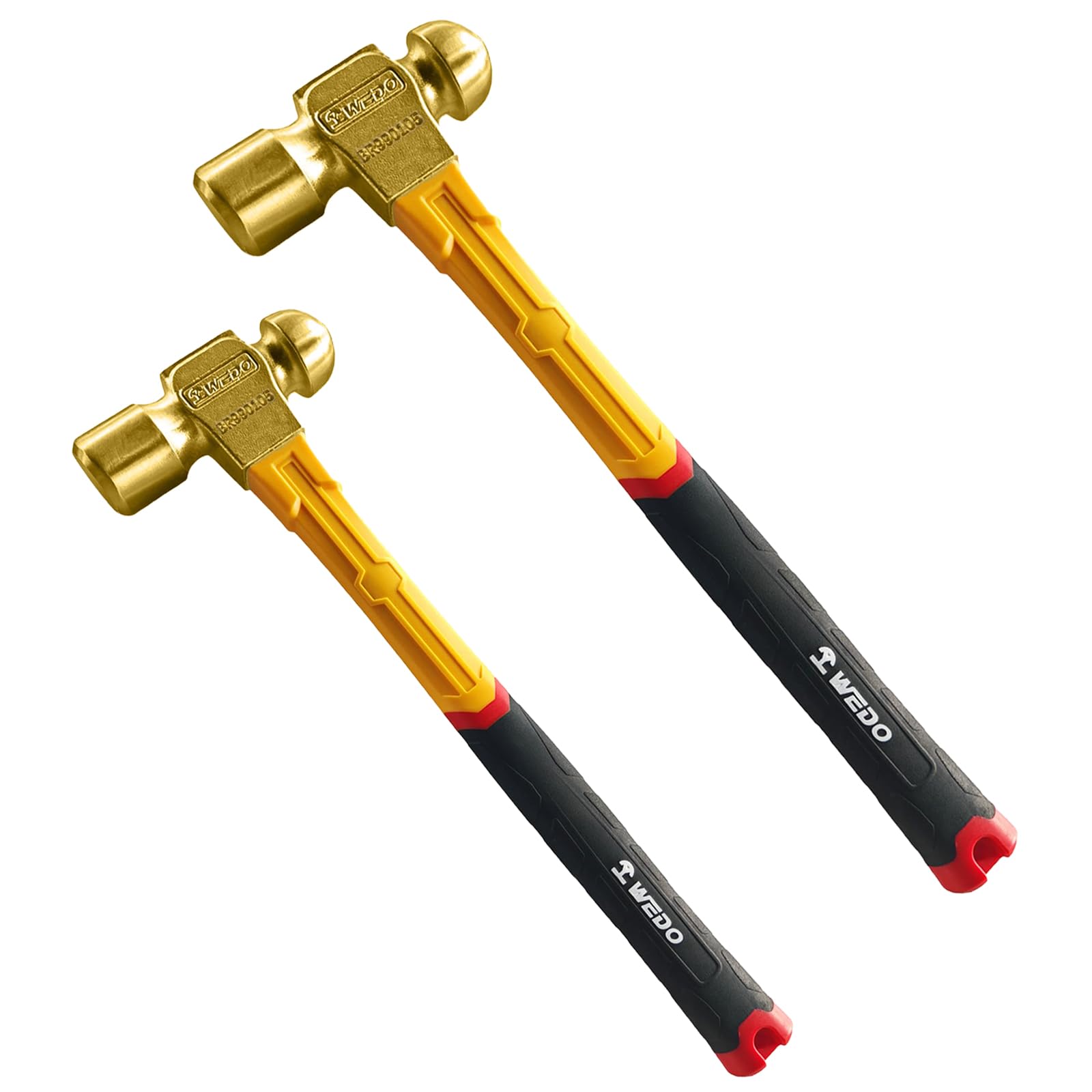 WEDO Juego de 2 martillos de bola de latón de 12 onzas + 16 onzas, martillo de bola con mango de fibra de vidrio, latón, forjado a presión, resistente a la corrosión, estándar DIN