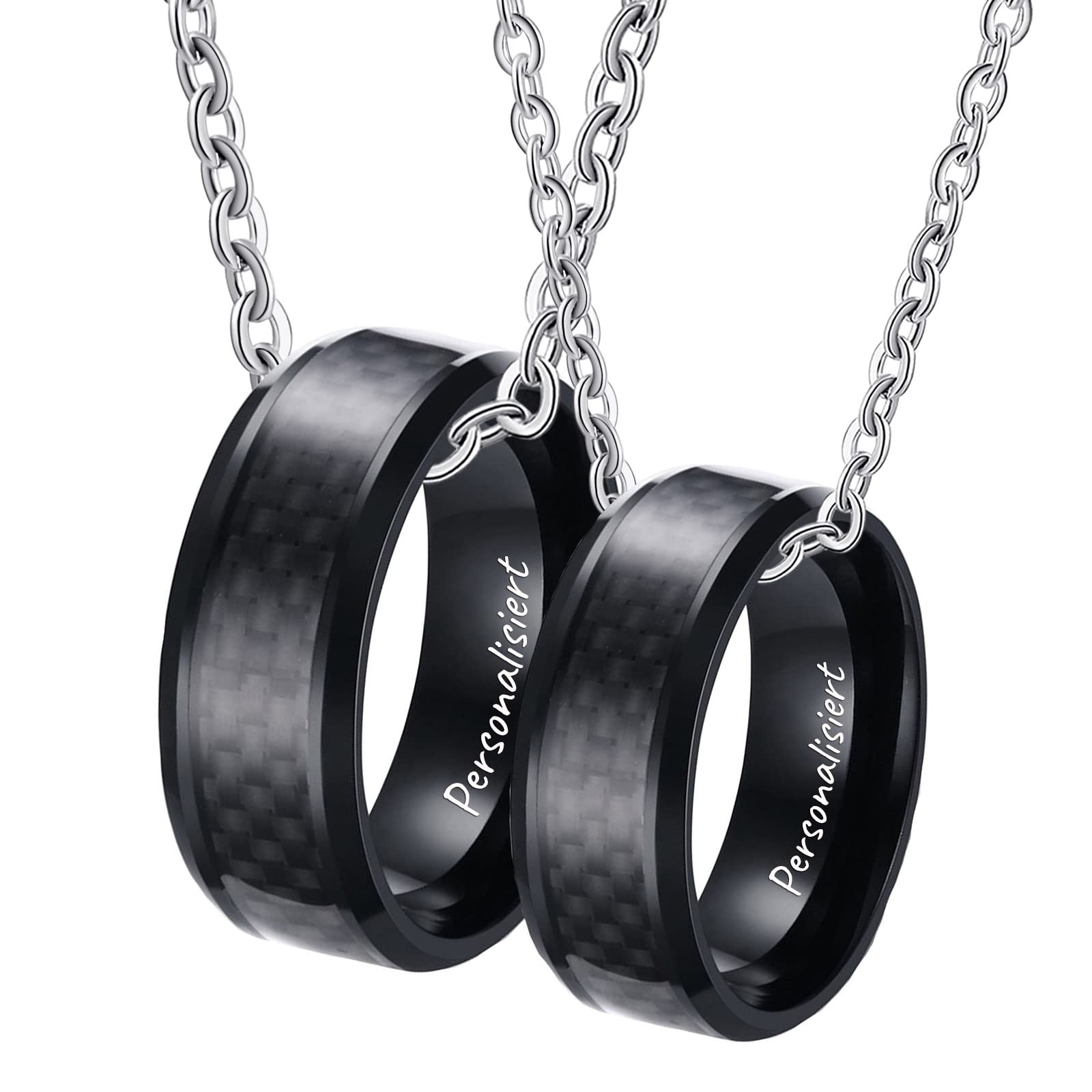 AmDxD Collar par, anillo de acero inoxidable, colgante de fibra de carbono, cadenas negras, 2 unidades para mujeres y hombres (ancho 8 mm, cadena para hombre 60 cm, cadena de 50 cm), Acero